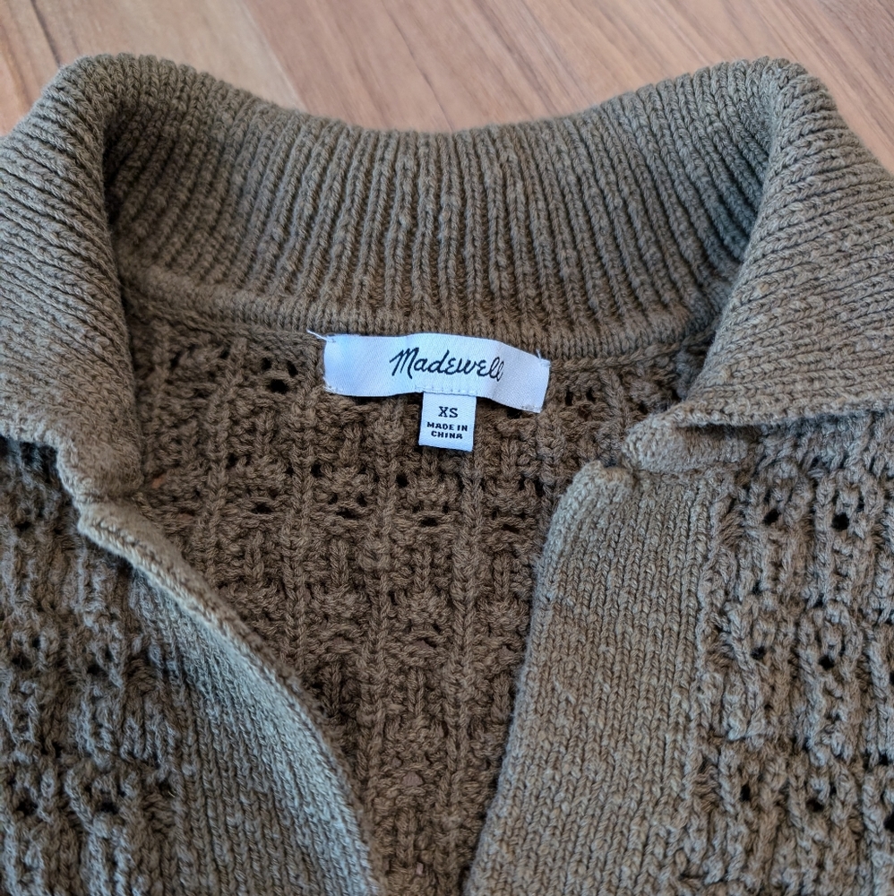 Madewell Sunbury Open-Stitch Polo Sweater Golden Spinach Textured Knit XS - Picture 8 of 12
